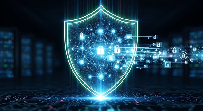 Digital shield with lock icons and data streams, representing network security, data protection, and the importance of cybersecurity in the digital world
