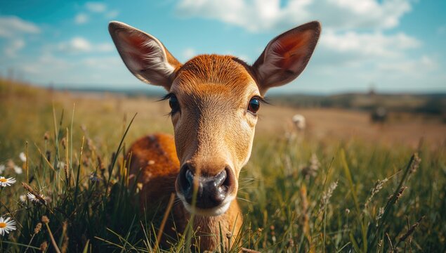 Close-up of a deer standing on lush green grass