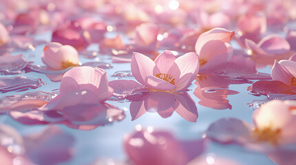 Delicate pink lotus flowers floating peacefully on calm reflective water under soft sunlight.