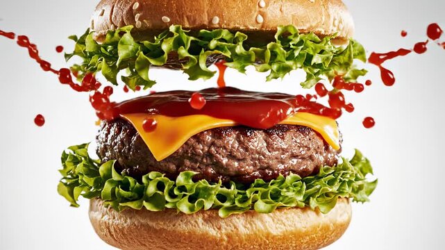 Yummy cheeseburger ingredients assembling with a sesame seed bun falling on a beef patty with cheddar cheese, lettuce, and spectacular splashes of ketchup isolated on a white background