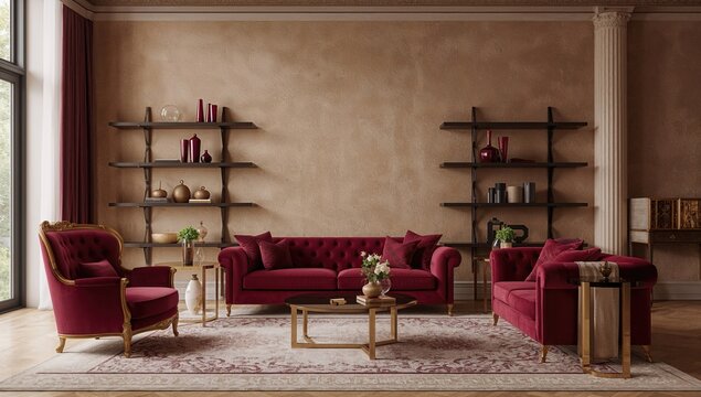 Elegant interior featuring deep red furniture, a maroon lounge chair, and ornamental shelving.