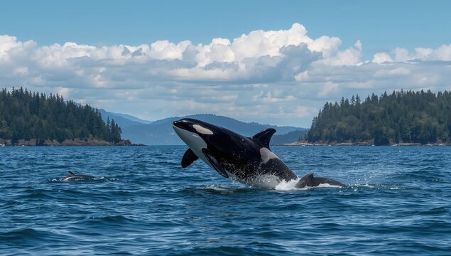 Leaping killer whale in action