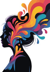 Silhouette profile of woman with colorful abstract explosion of hair head face