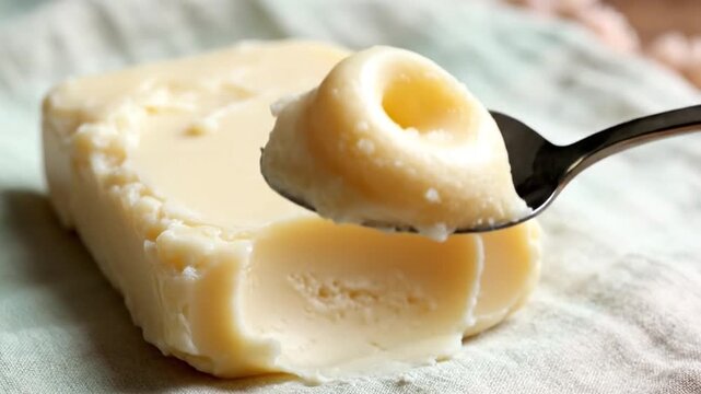 Scooping Raw Unrefined Shea Butter with Silver Spoon on Pastel Linen Still Life