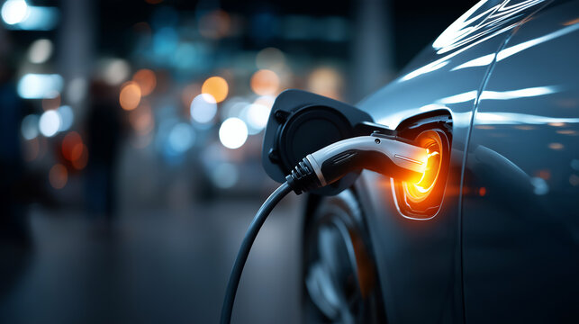 Power supply connect to electric vehicle for charge to battery charging technology industry transport futuristic automobile EV fuel plug in hybrid car sustainable mobility - Powered by Adobe