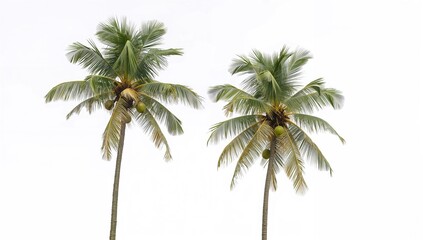 Coconut-bearing palm trees set against a plain white background