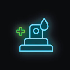 Fototapeta premium Neon sign depicting a water dispenser adding a drop of water to a glass with a black background