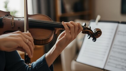 Violinist practicing with sheet music