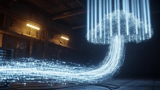 Cloud computing data transfer in server room network with glowing digital information streams visualization - Powered by Adobe