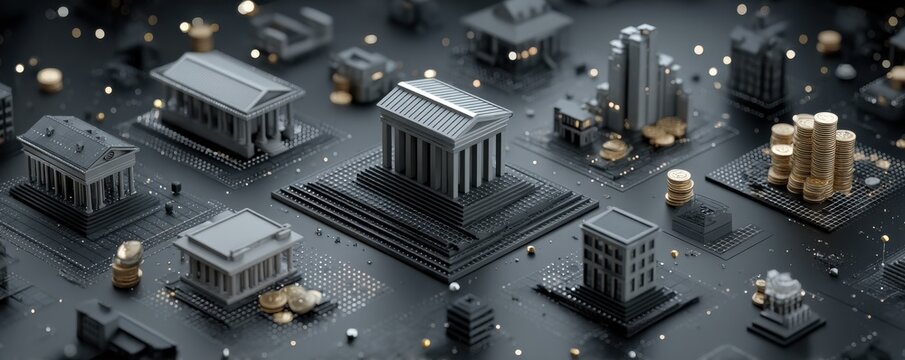 A digital illustration of a financial city built on circuitry, with banks, coins, and futuristic architecture