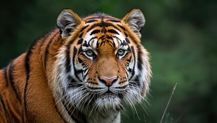 Fototapeta premium The coat of the Sumatran tiger is noticeably darker compared to other tigers, which usually range from reddish yellow to deep orange.