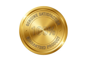 Golden badge with 100 genuine satisfaction guaranteed product isolated on transparent background, a symbol of quality
