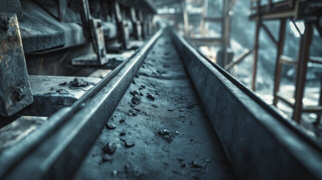 Close-up of a long, metallic conveyor belt carrying dark material, with industrial structures in the blurred background