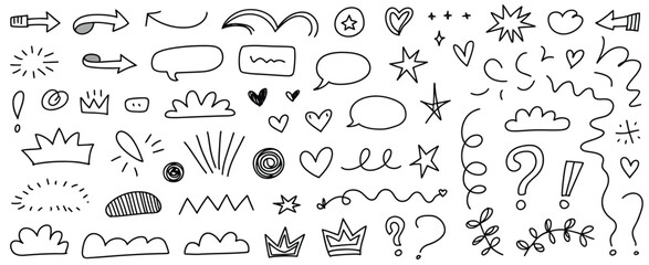Collection of hand-drawn doodle elements arrows hearts stars speech bubbles crowns and more vector illustration vector