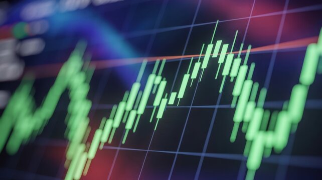 A close-up view of a financial chart illustrating market trends, suggesting economic growth or decline. The green lines and bars depict the fluctuating data