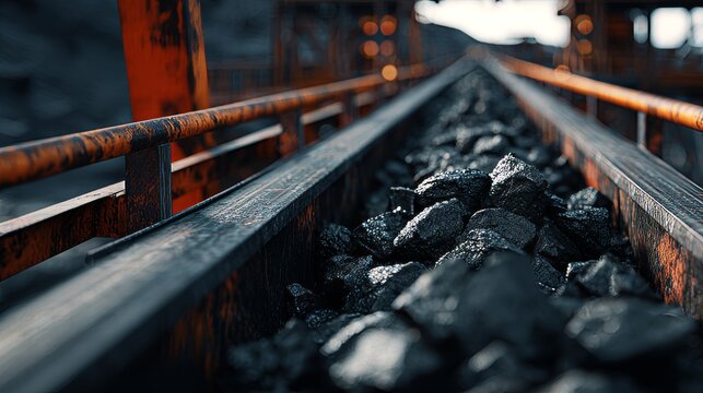 Close-up focus on a conveyor belt transporting dark, angular stones in an industrial setting; rusty metal contrasts