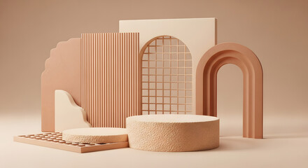 3D podium with geometric shape decoration. color beige, peach, and light brown, with soft lighting for mockup or product display, a ribbed rectangular panel, and a geometric arch-shaped structure