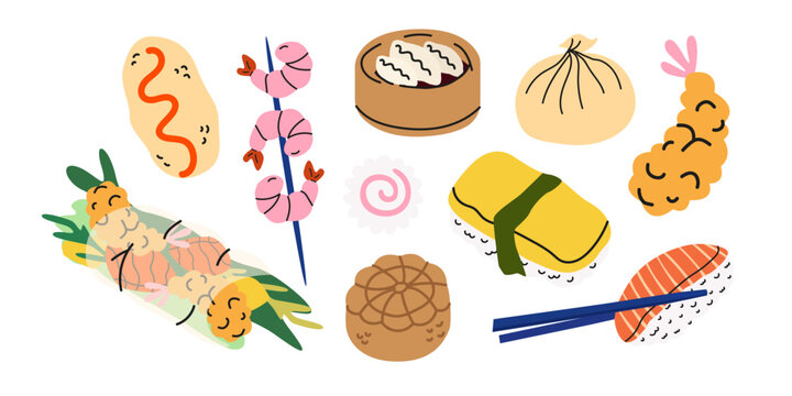 Asian cuisine cartoon stickers set in retro doodle style. Asian street food, traditional dishes, rice, noodles, sushi, spring roll, shrimp tempura, soy sauce, seafood. Vector food illustrations