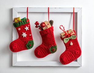 Bas de Noël réalisés au crochet, suspendus dans un cadre en bois blanchi. Generated Image.