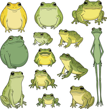 Isolated a kinds of deferent frog smile hand drawn vector art with white background.
