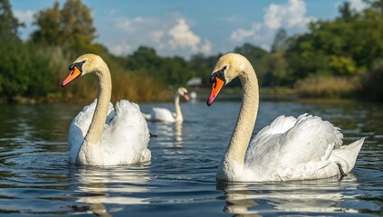 Obraz premium Large waterfowl from the Cygnus genus within the Anatidae family, including swans and related species.