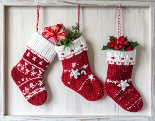 Bas de Noël réalisés au crochet, suspendus dans un cadre en bois blanchi. Generated Image.