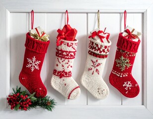 Bas de Noël réalisés au crochet, suspendus dans un cadre en bois blanchi. Generated Image.