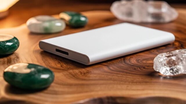 Pristine White External SSD Drive on Wooden Desk Eye-Level Medium Shot