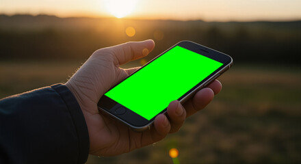 Green Screen Smartphone Held Outdoors Perfect for E-Commerce Sale Promotions, Mockups, and Digital Marketing Content Creation