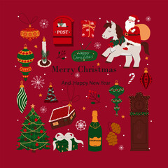Christmas background with many Christmas decorations and winter elements, Santa on a horse, Christmas tree toys, antique clock, mail, gifts. Colorful winter vector illustration on a red background.