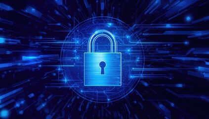 Security theme, Locked Padlock on digital interface, cyber protection, Blue futuristic high-speed internet technology background design with key.