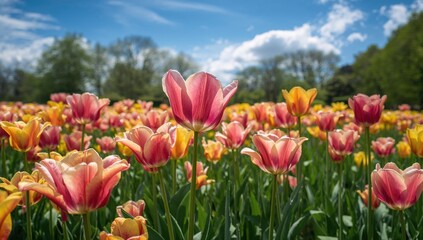 Obraz premium Tulip flowers in vibrant colors, showcasing seasonal beauty in a garden setting