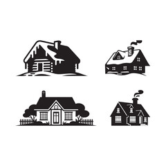 Black Color Cozy Cabin Silhouette Vector Illustration, Solid White Background.