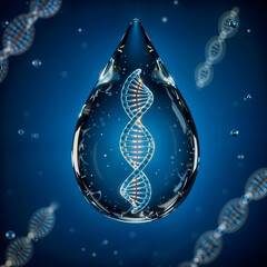 DNA in water drop, purity and molecular biology visualization, 3d illustration