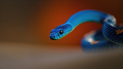 Fototapeta premium Close-up of a blue serpent poised to attack against a blurred backdrop