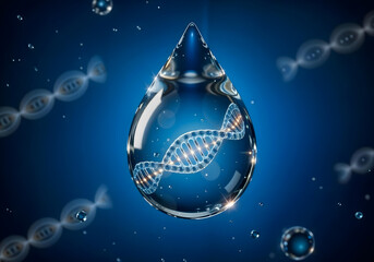 Biotechnology symbol of life — DNA helix inside transparent droplet, 3d art