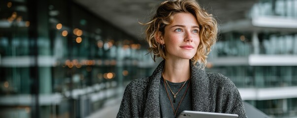 Confident woman in a white blouse holds a tablet in a modern office with a city view