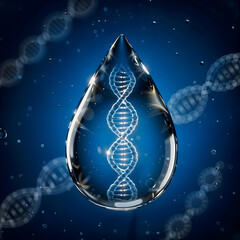 Water droplet with DNA helix inside, concept of origin of life and biotechnology, 3d illustration