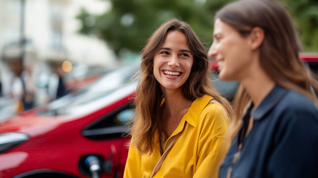 Two happy faceless young beautiful women talking to each other until their electric car charging at charging station in car park social charging experience sustainable mobility