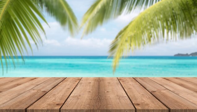 Vintage wooden surface with a soft-focus ocean and palm trees in the backdrop - Blank space prepared for showcasing your items. Summer beach theme concept.