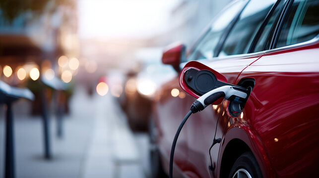 Charging modern electric car battery on street which are future of automobile close up power supply plugged into electric car being charged for hybrid new era vehicle fuel with