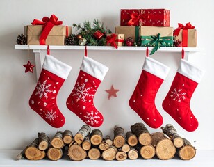 Bottes de Noël rouges et blanches suspendues à une étagère en bois. Generated Image.
