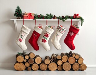 Bottes de Noël rouges et blanches suspendues à une étagère en bois. Generated Image.