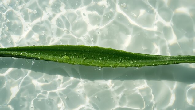 Moist Aloe vera leaves basking in midday sunlight over a white watery surface, aerial perspective