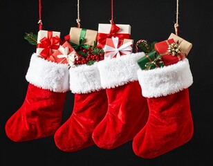 Bottes de Noël emplies de cadeaux, suspendues et isolées sur fond noir. Generated Image.