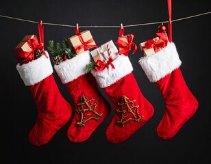 Bottes de Noël emplies de cadeaux, suspendues et isolées sur fond noir. Generated Image.
