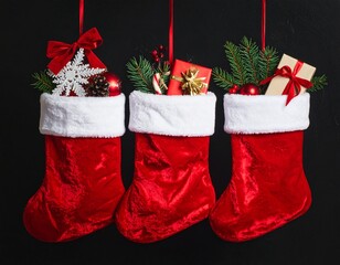 Bottes de Noël emplies de cadeaux, suspendues et isolées sur fond noir. Generated Image.