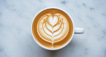 Latte Art Heart Design Top Down View Coffee Beverage Creamy Foam White Ceramic Mug Cafe Culture Caffeine Drink Warm Morning Refreshment