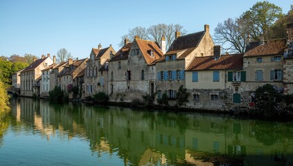 Naklejka premium Historic riverside settlement attracting visitors with scenic architecture and lush surroundings