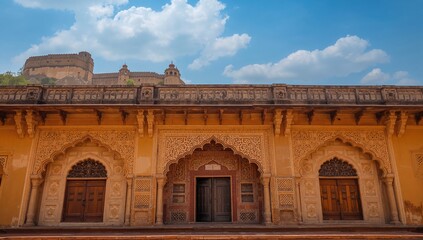 Naklejka premium Decorative exterior, entrances, and windows of a structure in central India